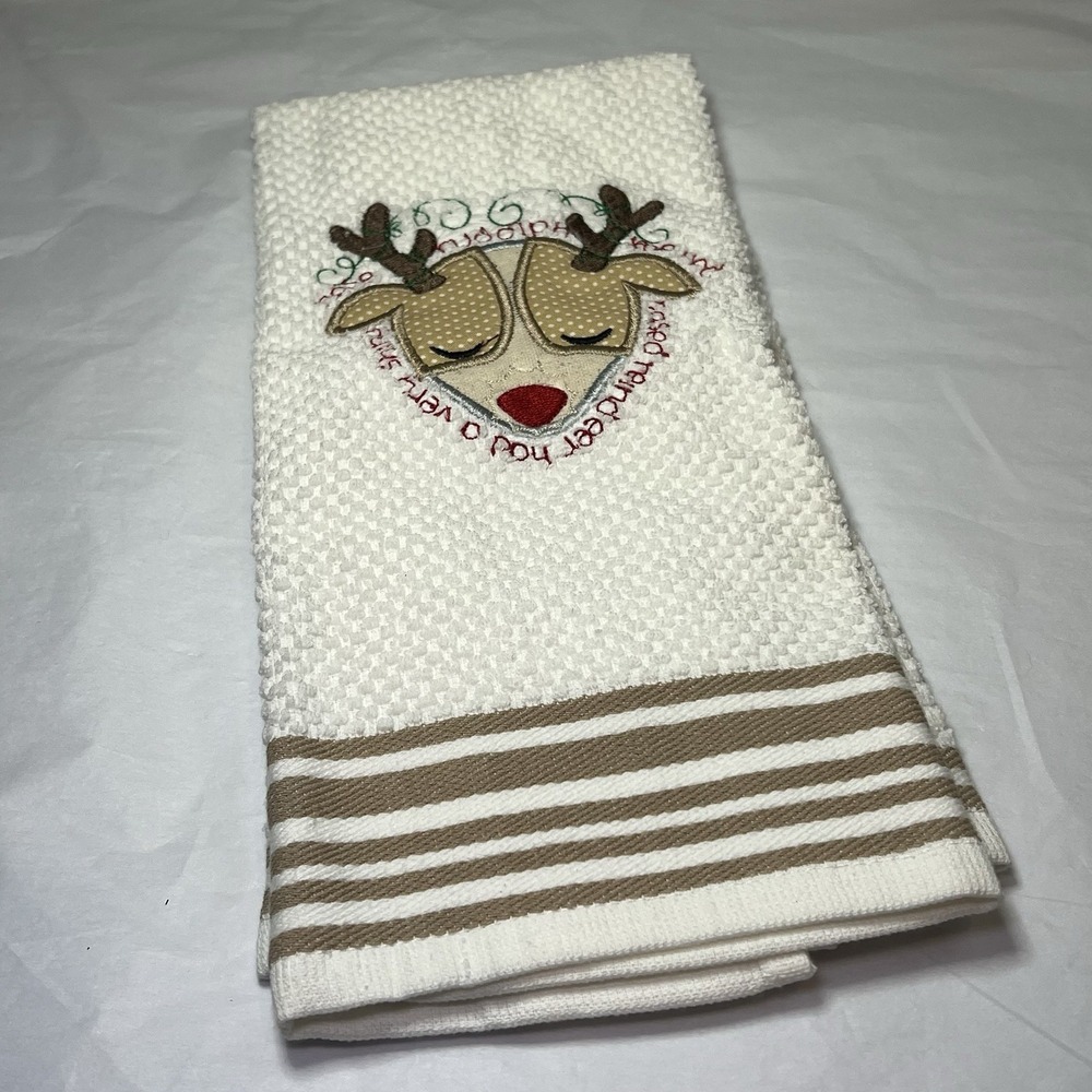 Personalized Embroidered Reindeer Christmas kitchen towel Holiday Rudolph Dish